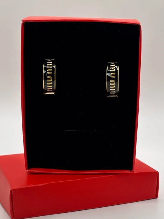 Luxury Designer Gold Tone Small Hoop Earrings Black Enamel Polished Logo Accent - Picture 5 of 15